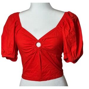 Sim & Sam Red Puff Sleeve Crop Top Ring Detail Sweetheart Neck Blouse Size Small